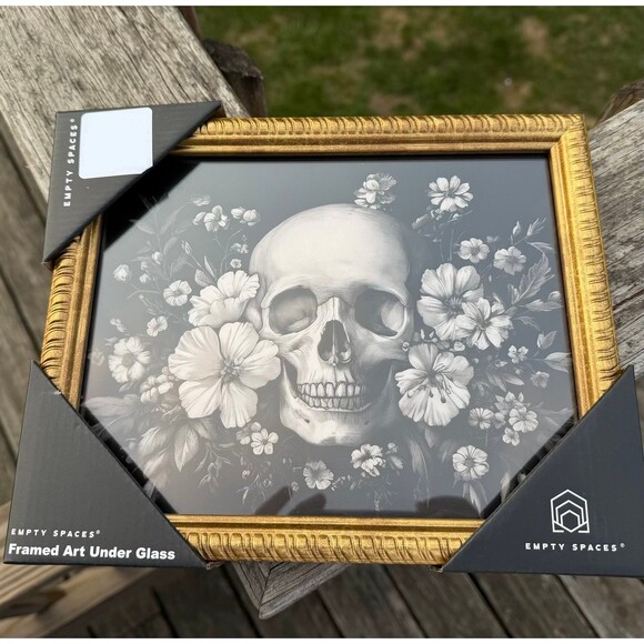 HomeGoods Other - NEW Halloween Glass Framed Art Floral Skull Black and White 11x9in